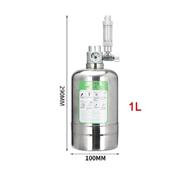 Metal gas cylinder with a green label and measurement details on a white background