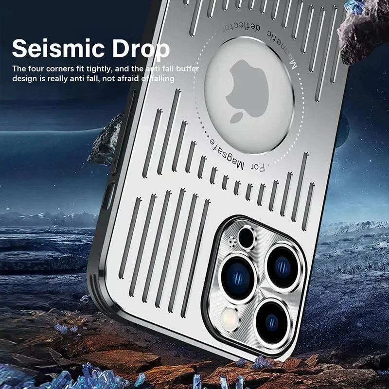 Phone case with Apple logo on a rugged landscape background