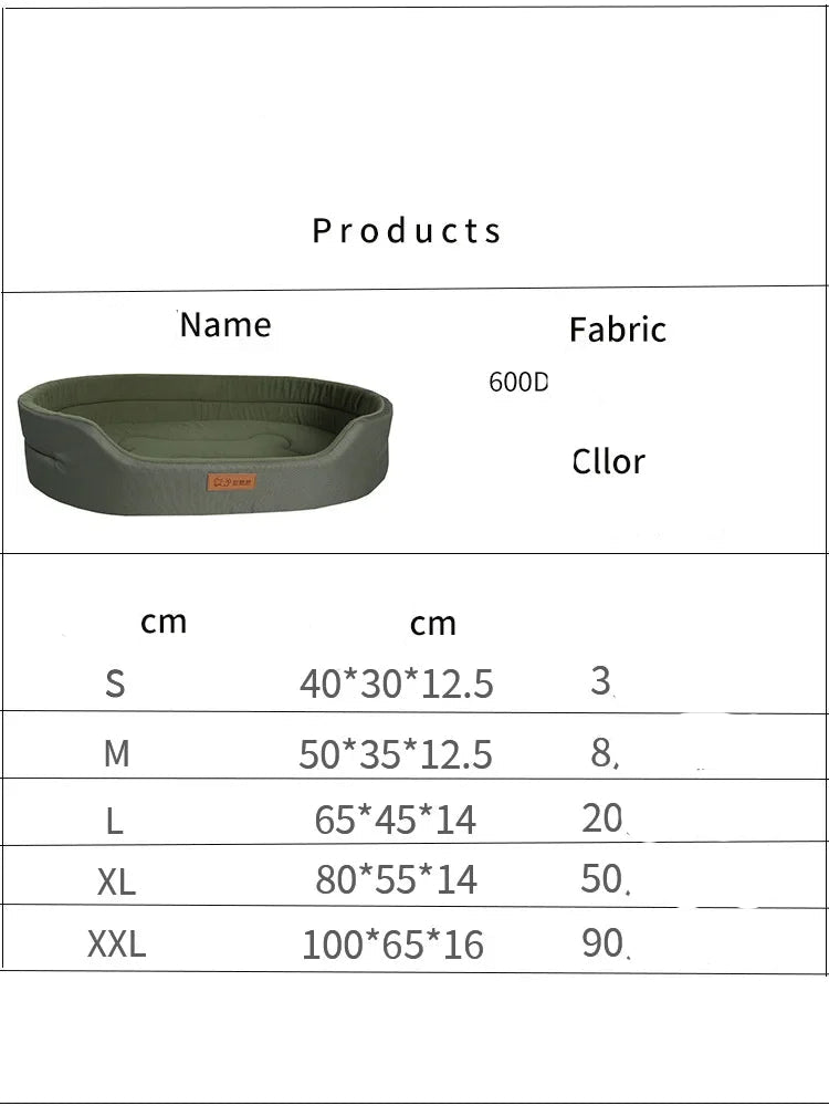 Product information table for a dog bed with dimensions and fabric details.