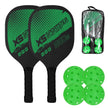 Two pickleball paddles with green and black design, accompanied by four green pickleballs and a clear bag with two more pickleballs on a white background.