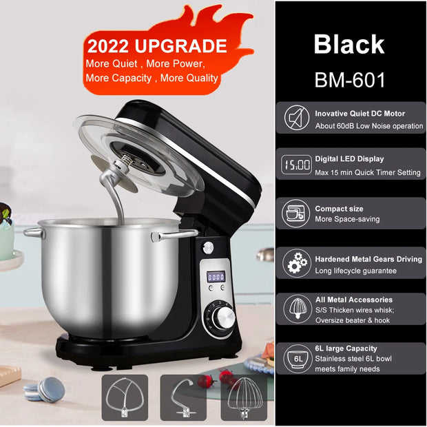 BioloMix BM-601 Stand Mixer – 1200W DC Motor, 6L Bowl, 6 Speeds, LED Display