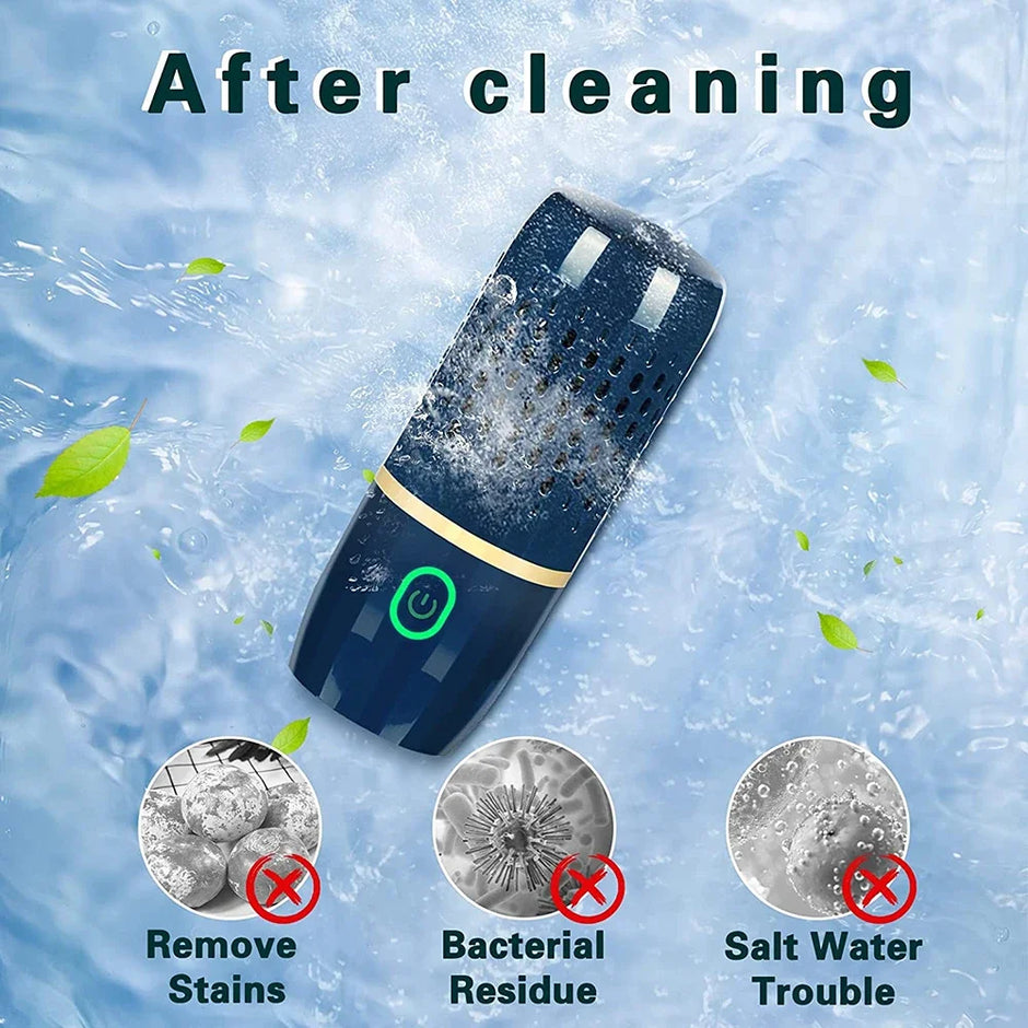 Cleaning device with water splashes on a blue background, showing its effectiveness in removing stains, bacterial residue, and salt water trouble.