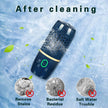 Cleaning device with water splashes on a blue background, showing its effectiveness in removing stains, bacterial residue, and salt water trouble.