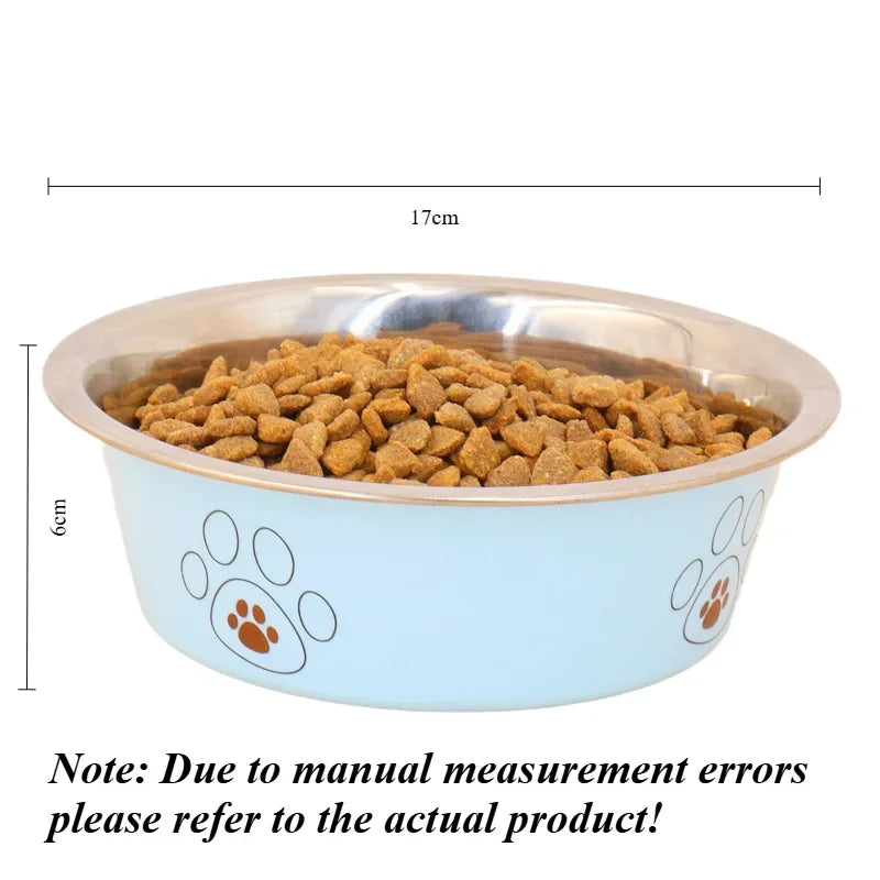 Pet food bowl with measurements and text note on a white background