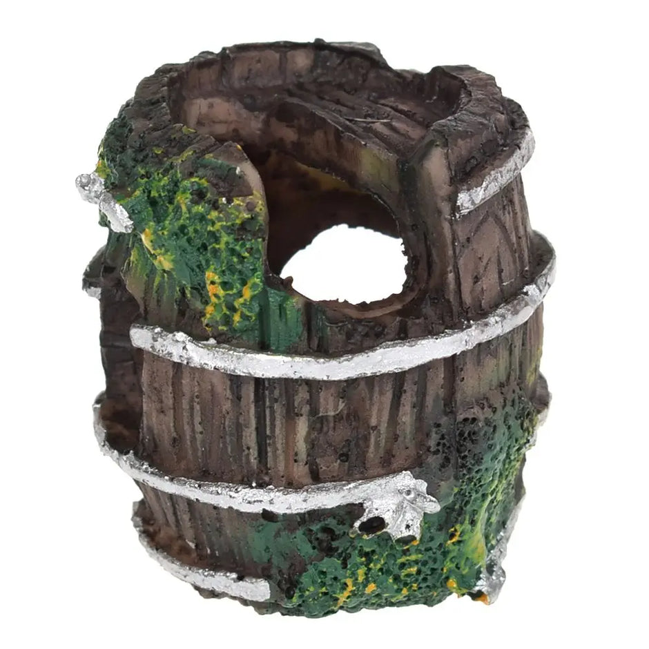Decorative aquarium ornament resembling a wooden barrel with moss and rope on a white background