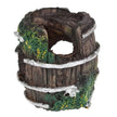 Decorative aquarium ornament resembling a wooden barrel with moss and rope on a white background