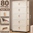 Beige storage cabinet with dimensions and features displayed