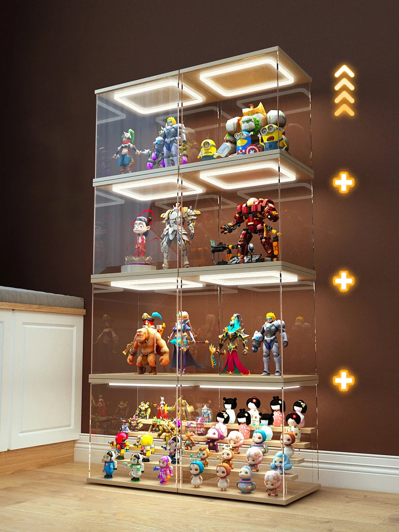 Clear glass display case with various action figures on a wooden floor.