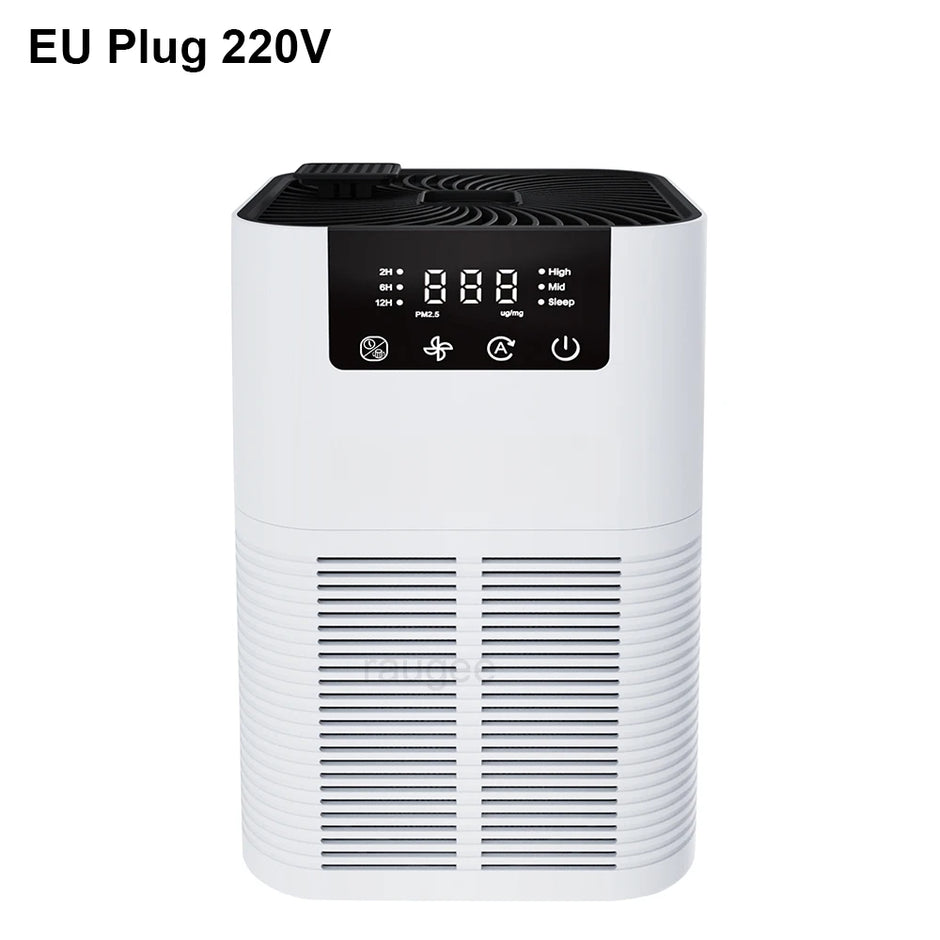 White air purifier with digital display on a white background, labeled 'EU Plug 220V'.
