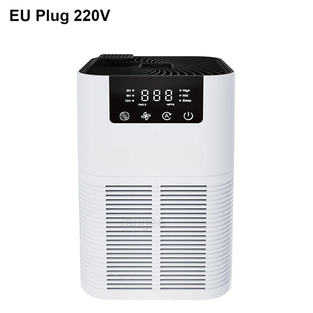 White air purifier with digital display on a white background, labeled 'EU Plug 220V'.