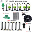 DIY 15m irrigation kit with water timer, hoses, nozzles, and connectors on a white background.