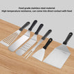 Set of stainless steel spatulas on a wooden surface with text about food-grade material and high temperature resistance.