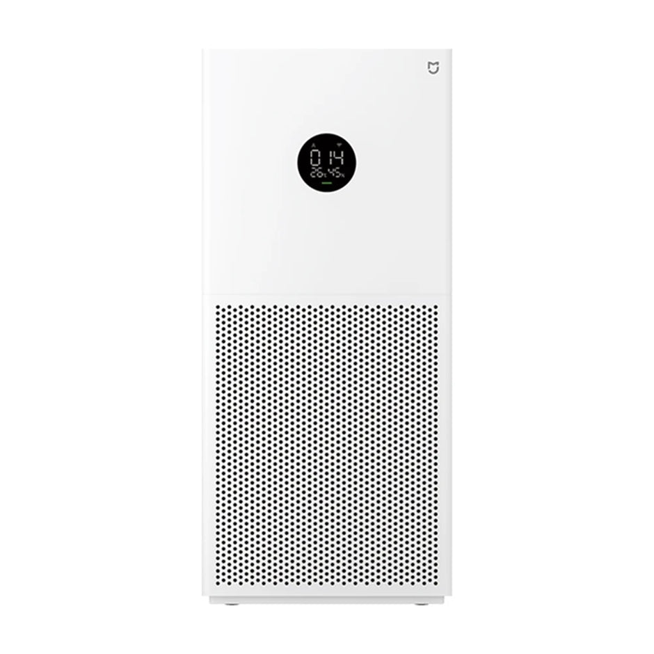 White air purifier with digital display on a white background