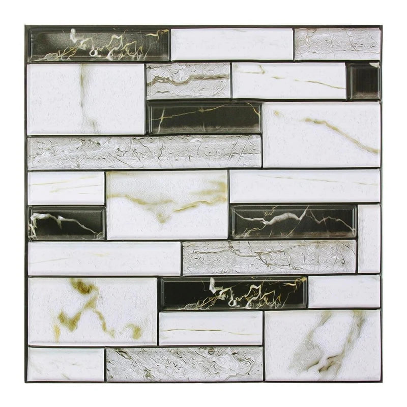Mosaic pattern of marble tiles with black, white, and gold accents on a white background