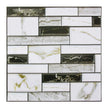 Mosaic pattern of marble tiles with black, white, and gold accents on a white background