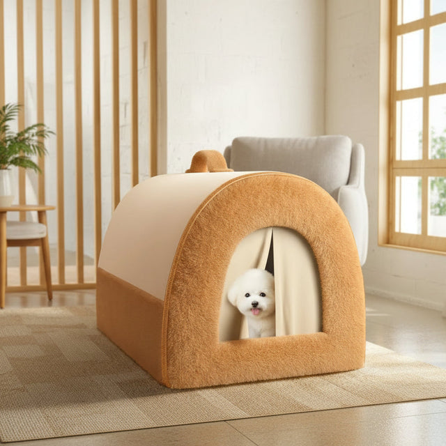 Dog bed with a small white dog peeking out, set against a light wooden background.