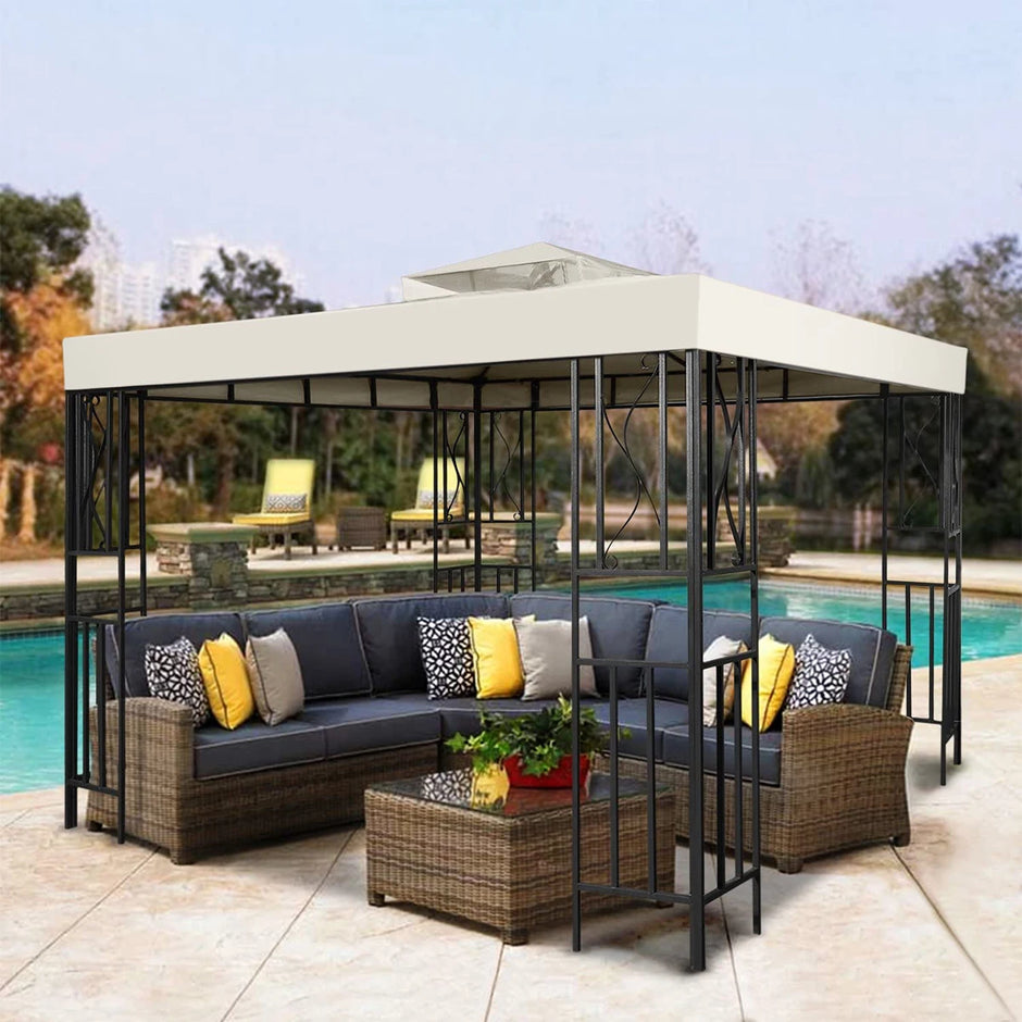 Outdoor patio set with a canopy by a pool