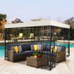 Outdoor patio set with a canopy by a pool