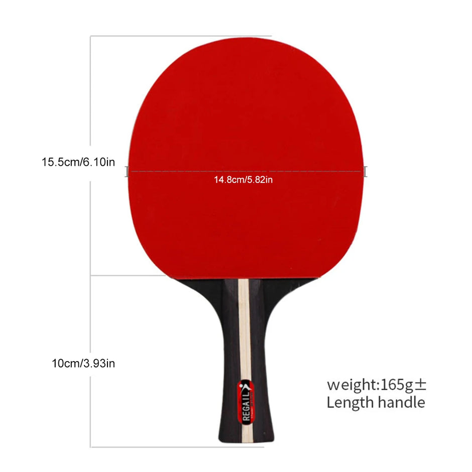 Red ping pong paddle with measurements on a white background