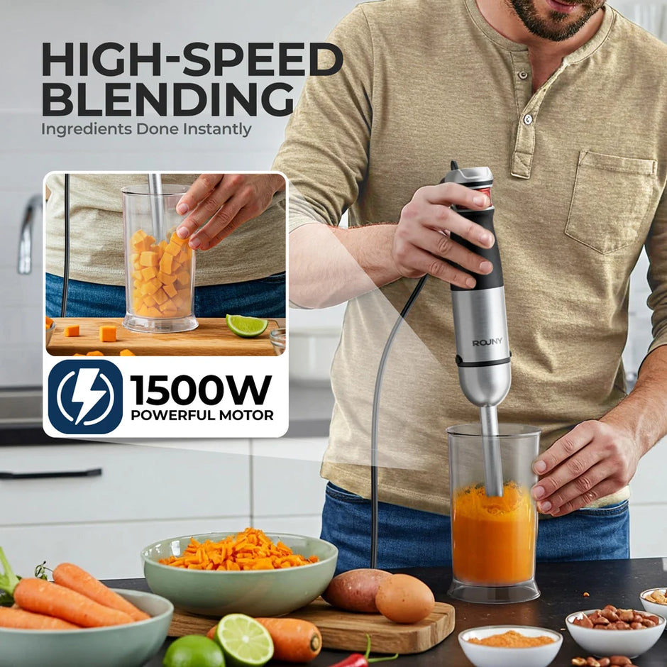 Person using a blender with ingredients and text highlighting high-speed blending and powerful motor.