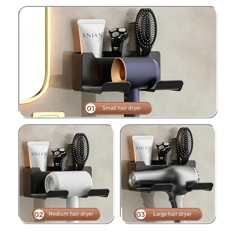 Wall-mounted hair dryer holder with different hair dryer sizes on a neutral background