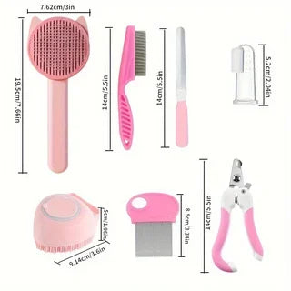 Set of pet grooming tools with dimensions labeled