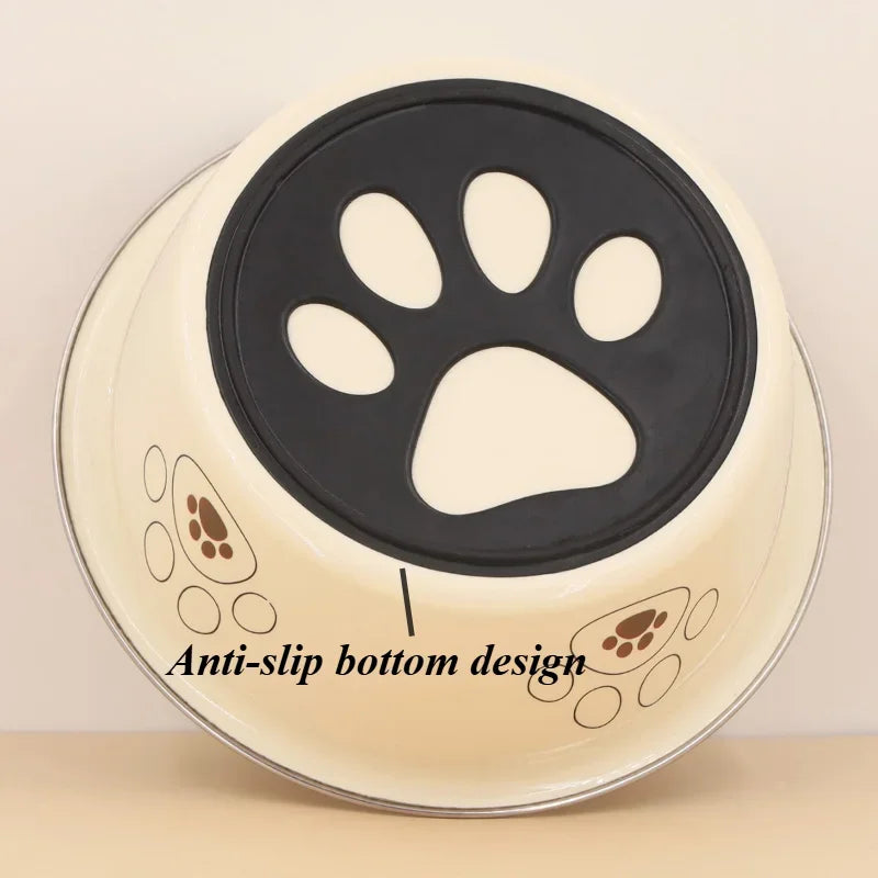 Round pet product with paw design and anti-slip bottom text on a beige background