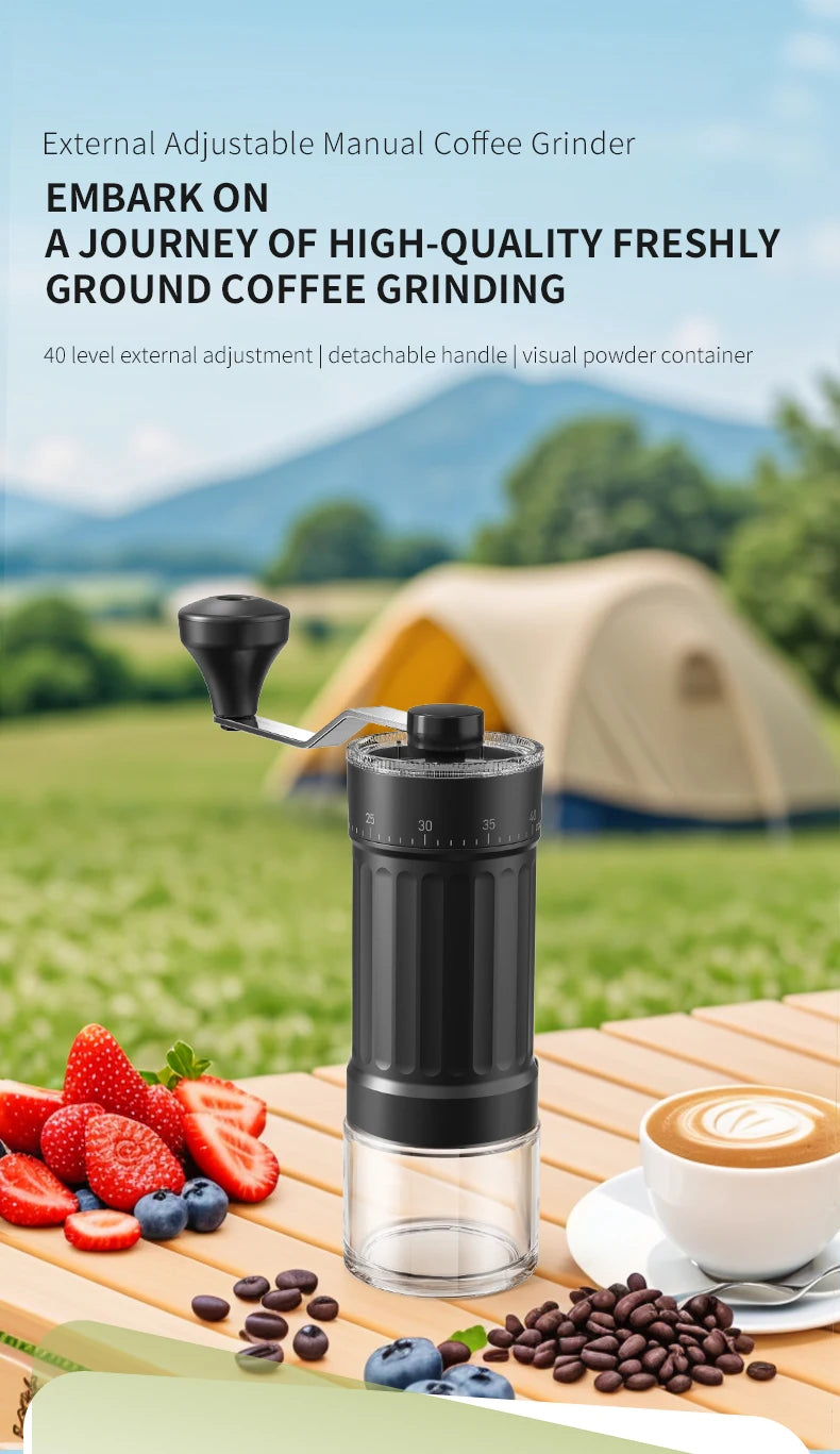 Manual coffee grinder on a picnic table with coffee and berries, tent in the background