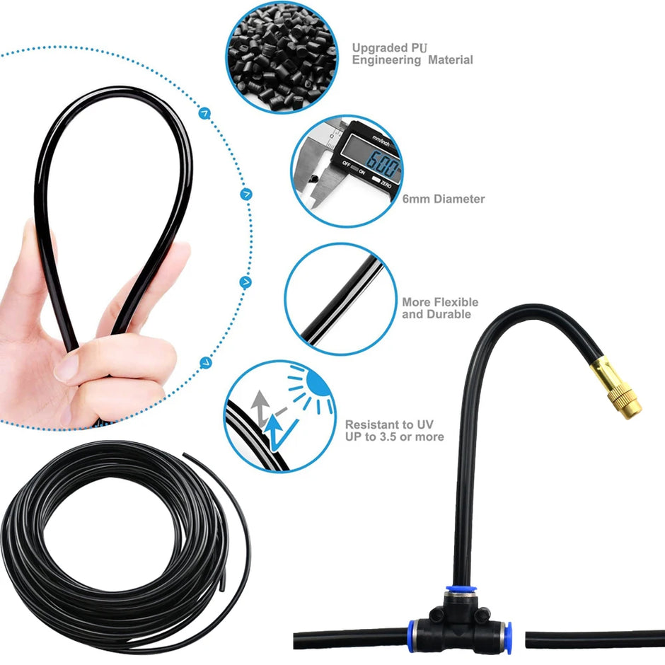 Black flexible hose with various features highlighted on a white background