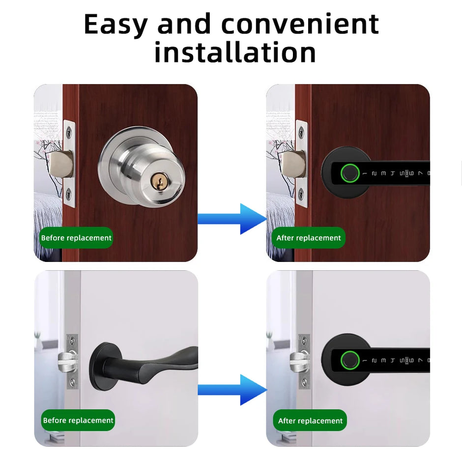 Before and after installation of electronic door handles on wooden and white doors.