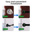 Before and after installation of electronic door handles on wooden and white doors.