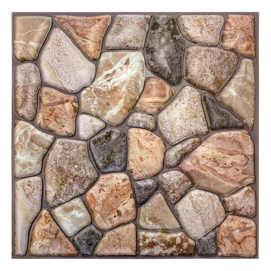 Decorative stone mosaic with various shades of brown and beige on a white background