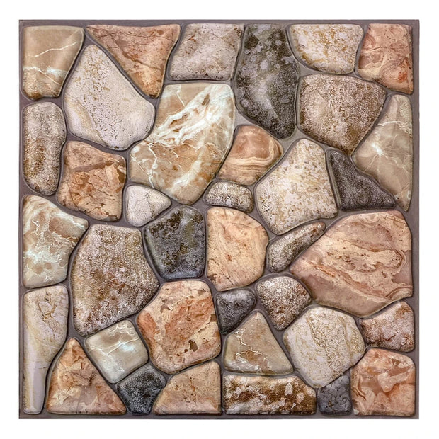 Decorative stone mosaic with various shades of brown and beige on a white background