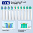 Set of toothbrush heads with text indicating their longevity and features.