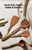 Set of wooden spoons on a textured surface with text 'SELECTING EBONY WOOD MATERIAL'.