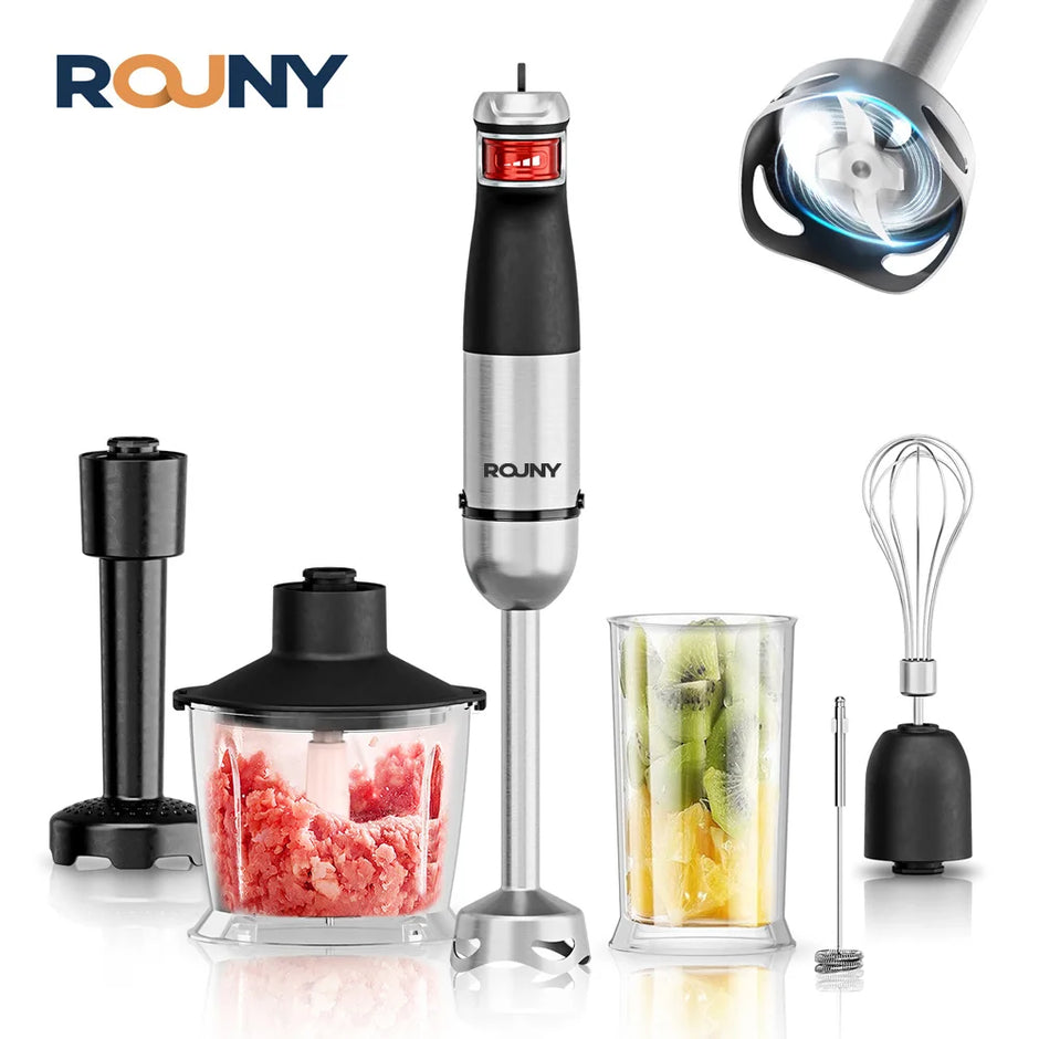 Set of ROUNY kitchen tools including a blender, grinder, whisk, and immersion blender on a white background.