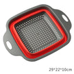 Collapsible colander with red interior and gray exterior on a white background