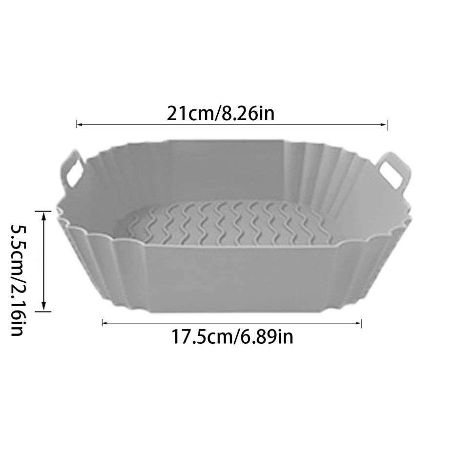 Gray metal pie dish with dimensions indicated on a white background