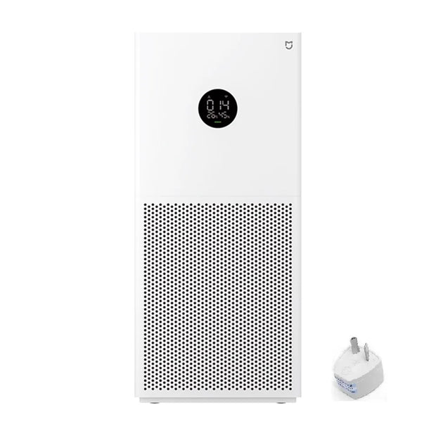 White air purifier with digital display and power adapter on a white background