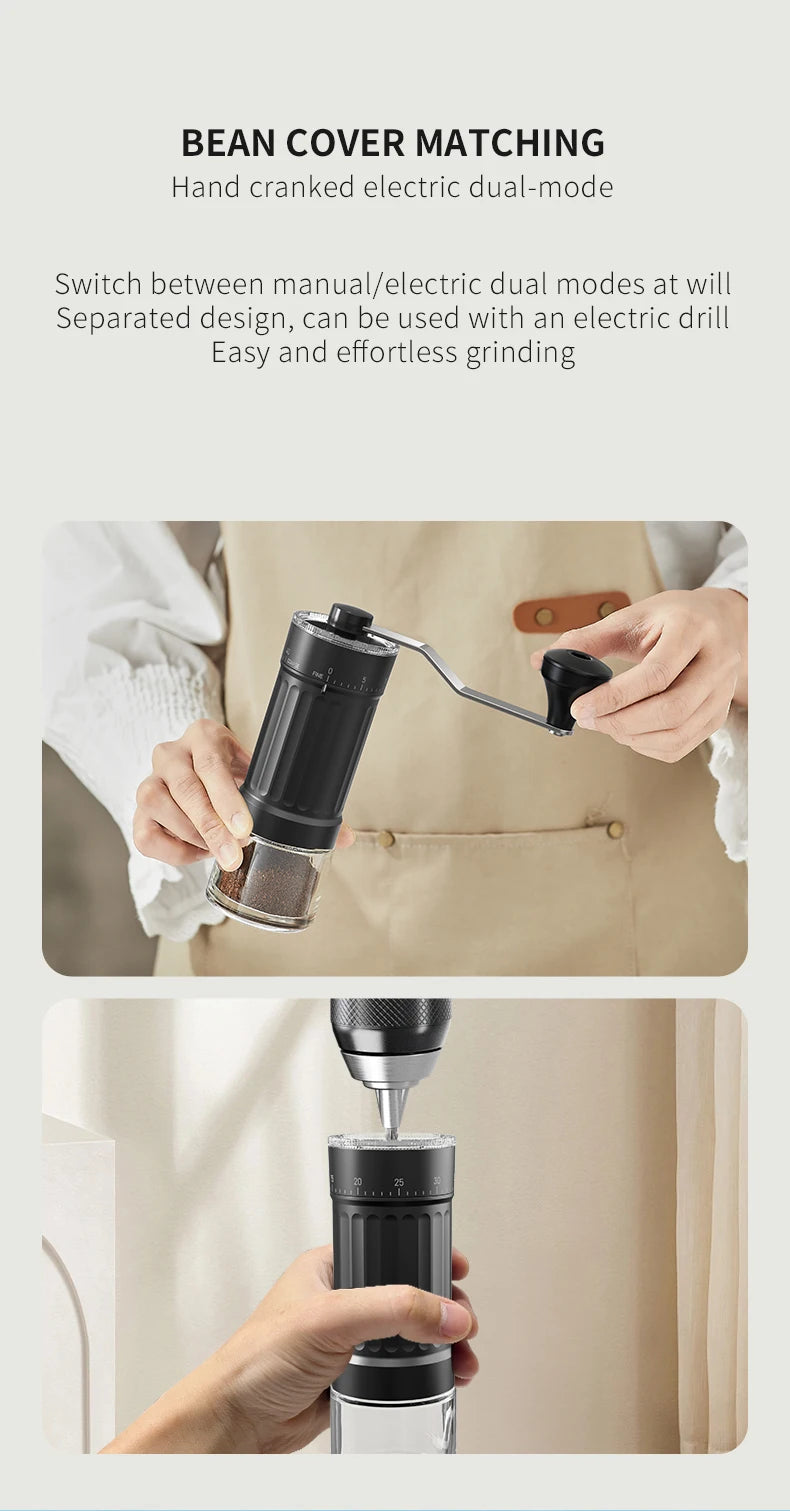 Hand cranked electric coffee grinder with dual-mode functionality, shown in use.
