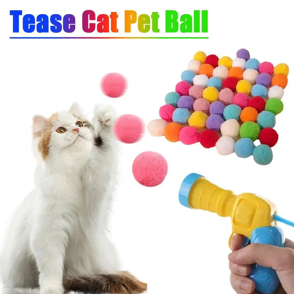 Cat playing with colorful teasing pet ball and a hand holding a launcher.