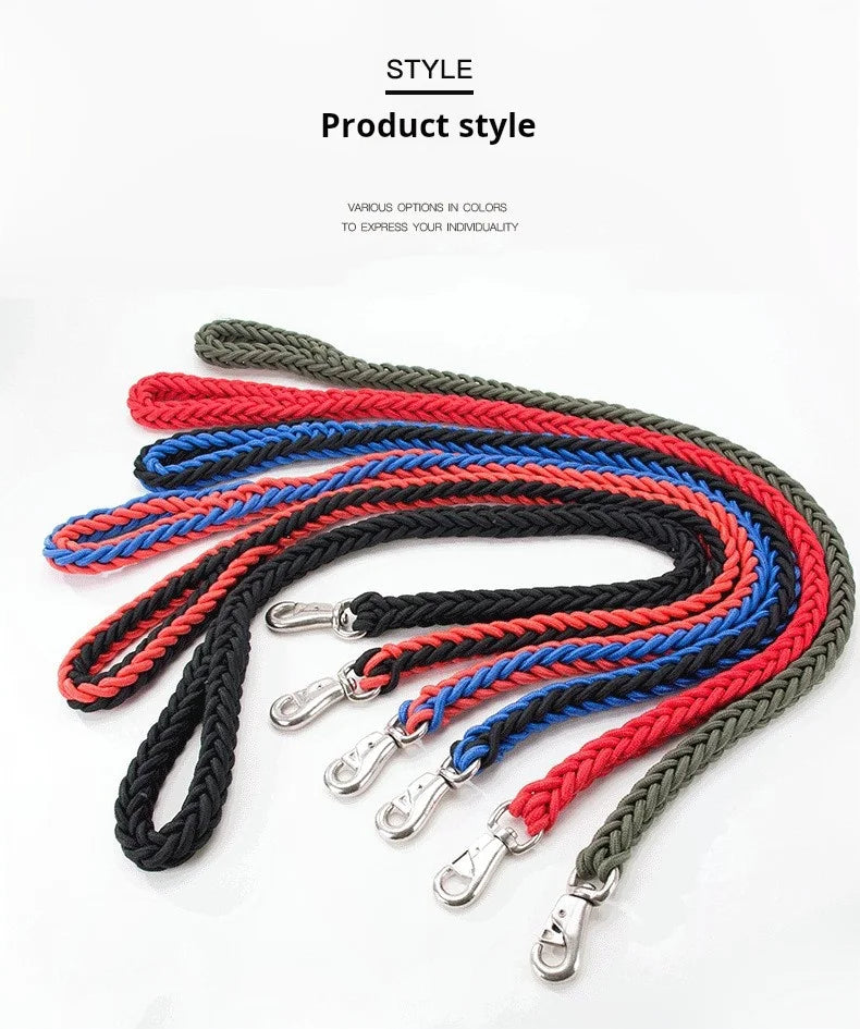 Set of braided leashes in red, blue, and black on a white background