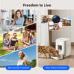 Collage of a woman working, people socializing, and a cat eating from a bowl with text 'Freedom to Live'.