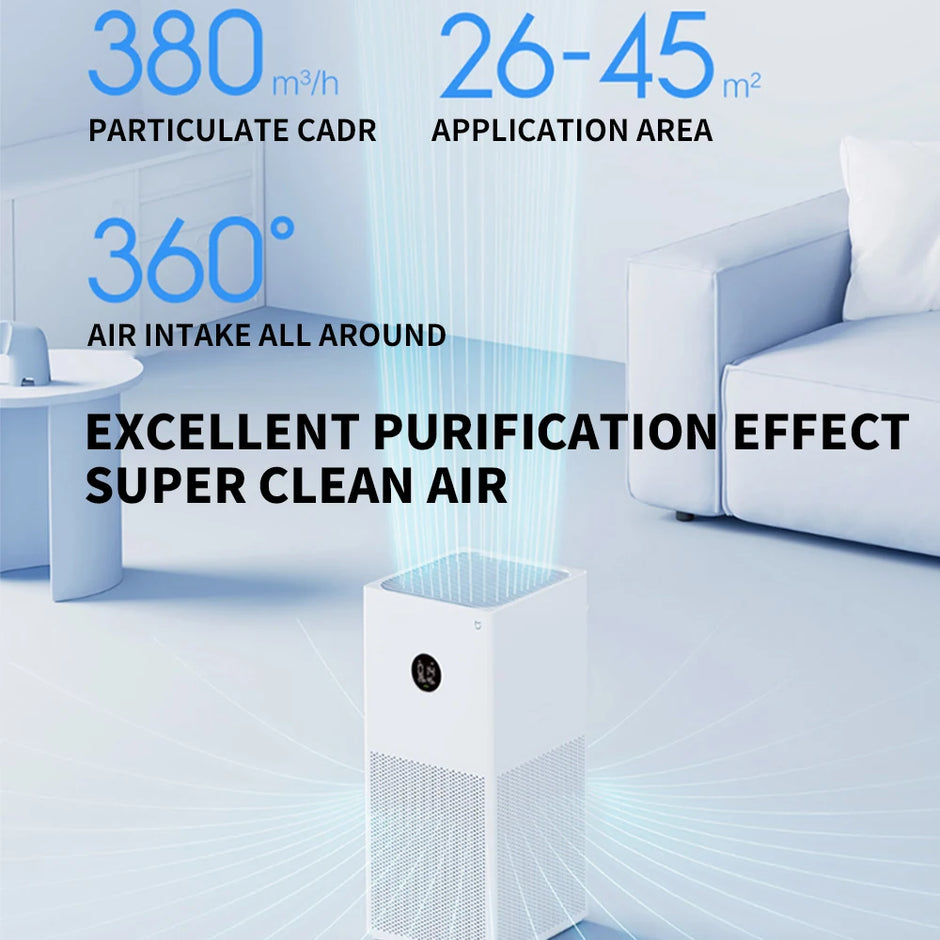 Air purifier with text highlighting its features in a modern living room setting