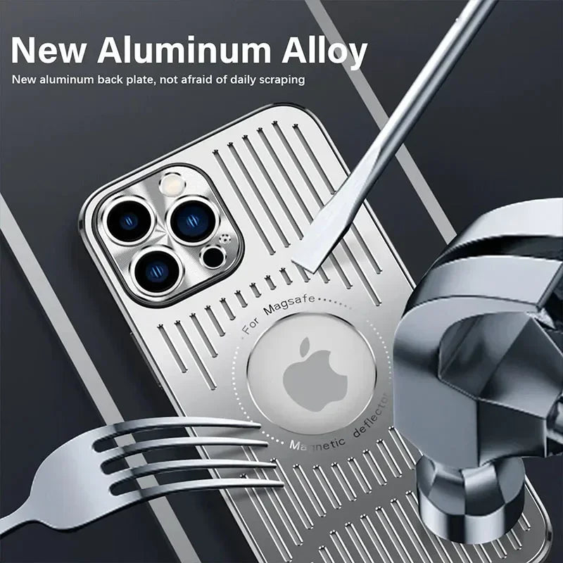 Phone case with Apple logo and Magsafe feature, shown with a hammer and fork on a dark background.