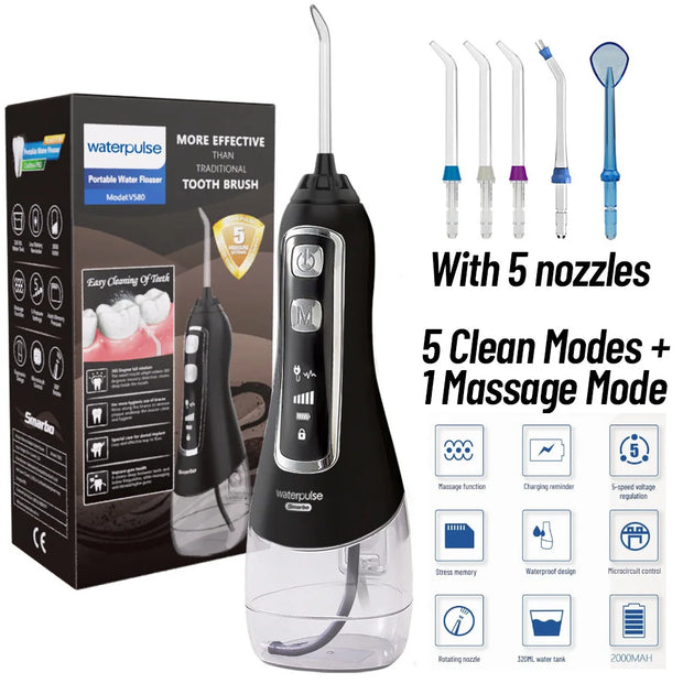 Black water flosser with packaging and nozzles on a white background