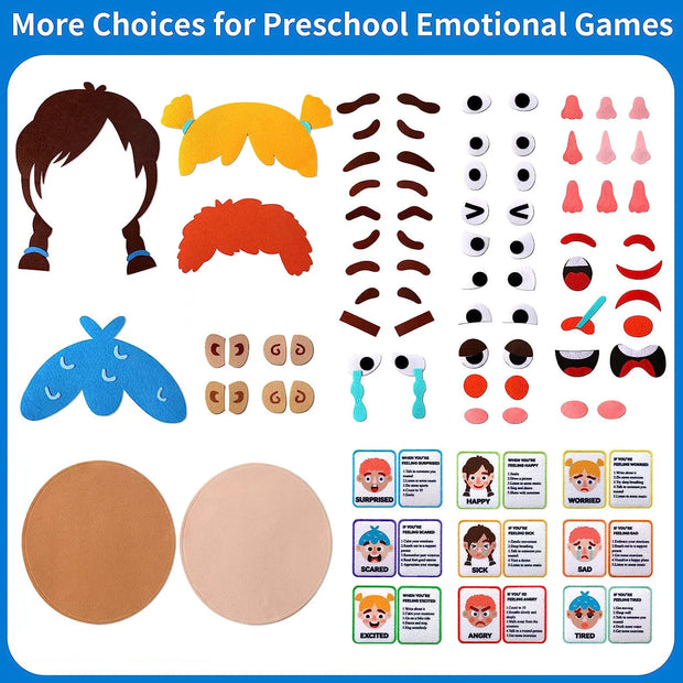 Preschool emotional expression kit with face parts and emotion cards on a blue background