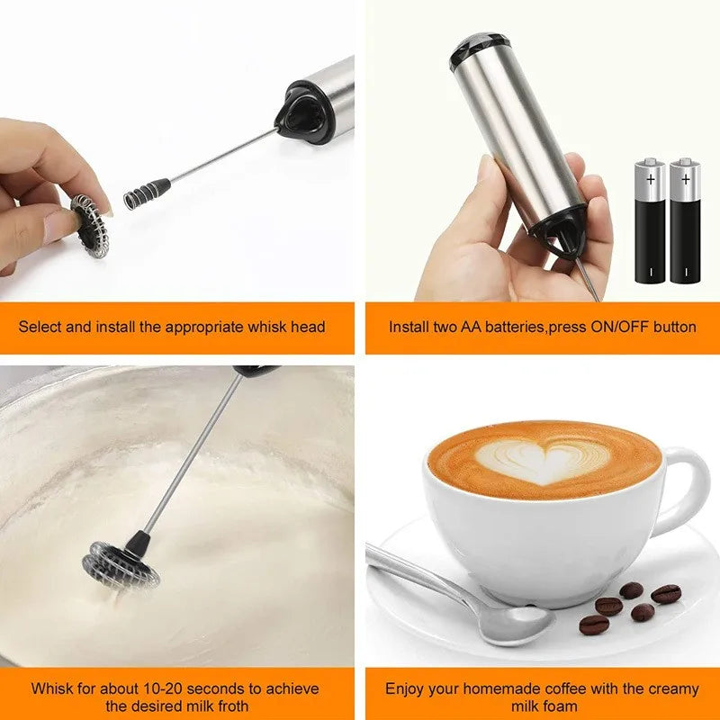 Multifunctional milk frother with various uses including whisking milk and making coffee foam.