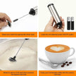 Multifunctional milk frother with various uses including whisking milk and making coffee foam.