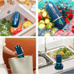Collage of a blue kitchen cleaning device used on fruits, vegetables, and in a sink.